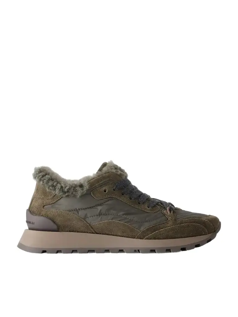 Brunello Cucinelli Shearling-trimmed Shell And Suede Sneakers - Green