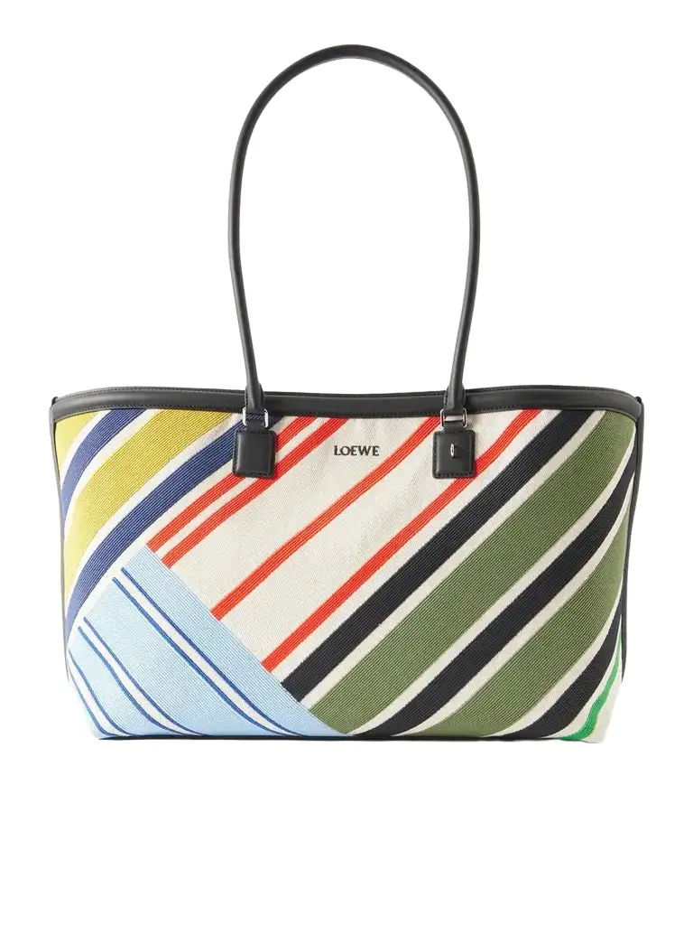 Loewe Verano Logo-embroidered Striped Leather-trimmed Canvas Tote | Image 1 Loewe Verano Logo-embroidered Striped Leather-trimmed Canvas Tote | Image 1