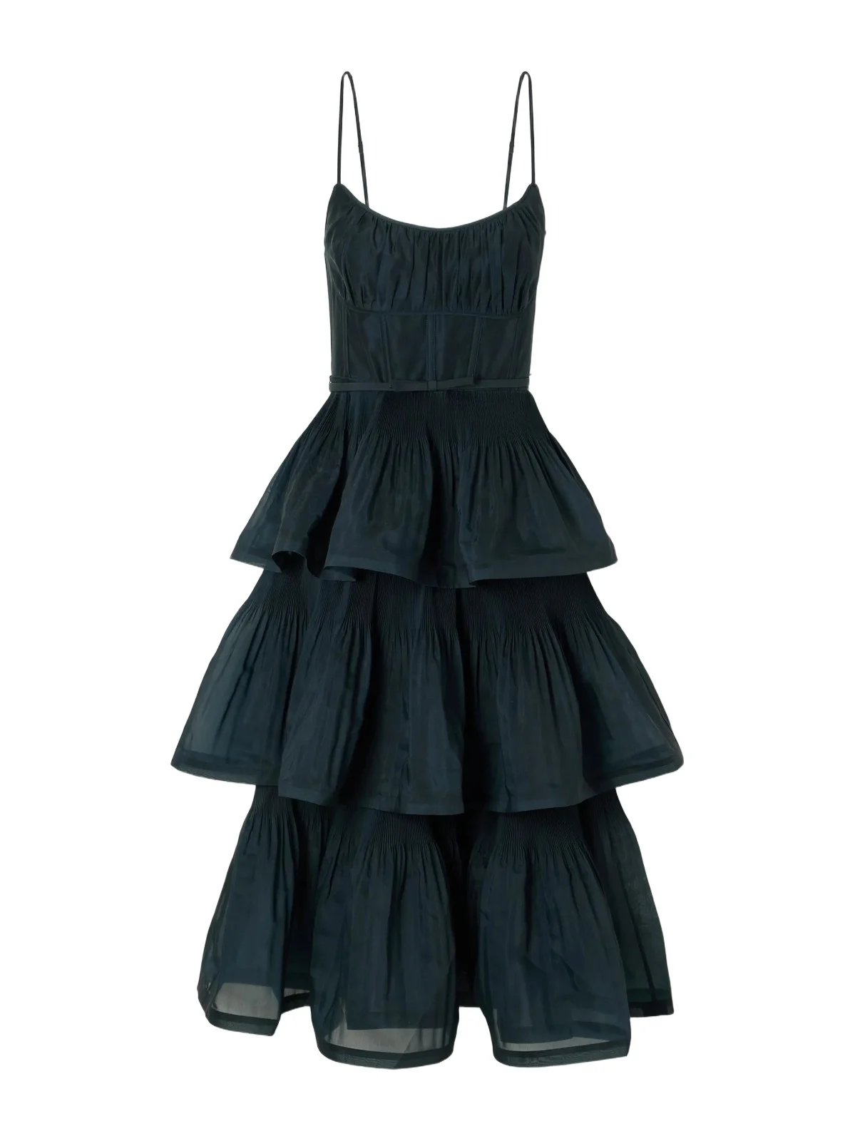 Belted Tiered Chiffon Midi Dress
