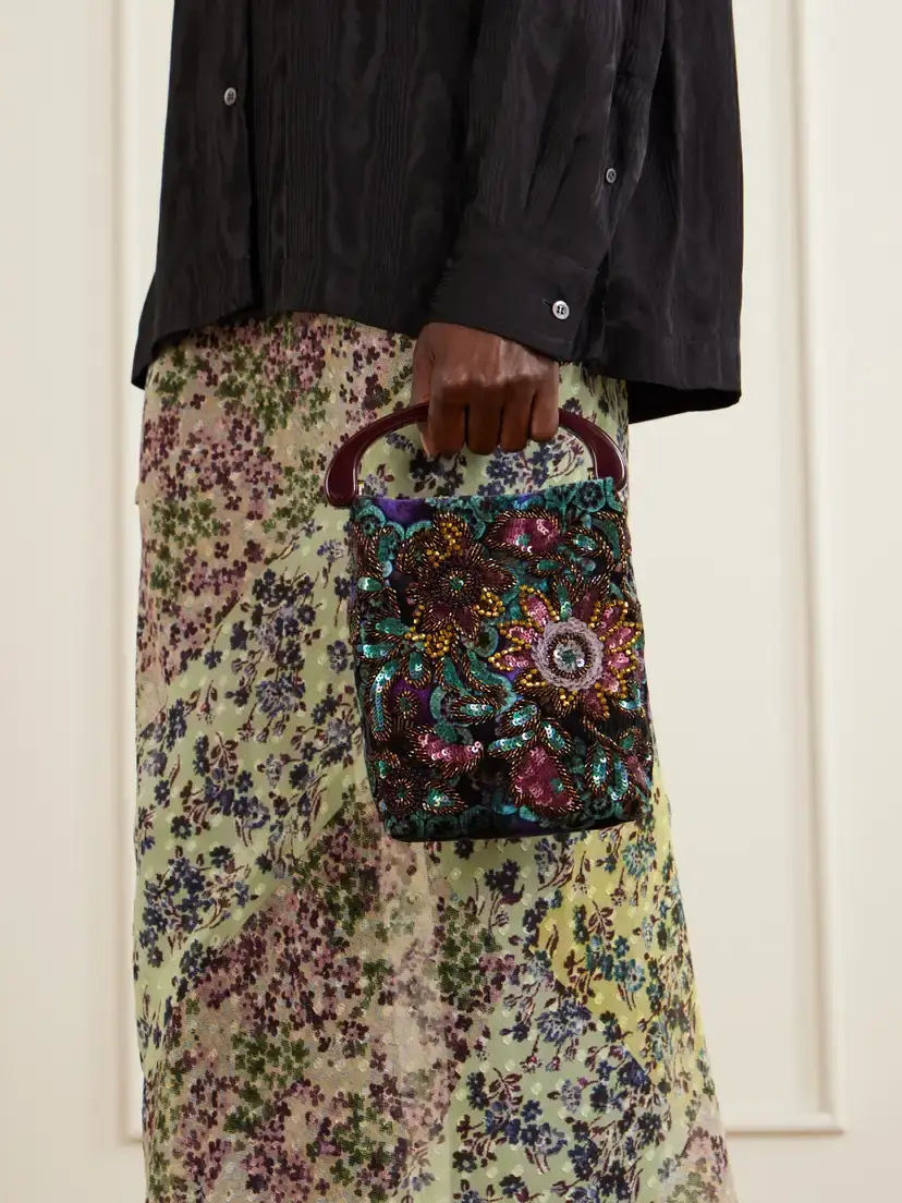Dries Van Noten Bead-embellished Printed Leather-trimmed Velvet Top-handle Bag | Thumbnail 2 Dries Van Noten Bead-embellished Printed Leather-trimmed Velvet Top-handle Bag | Thumbnail 2