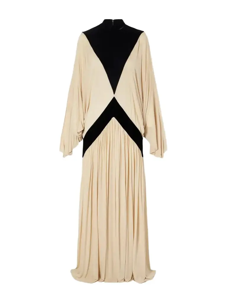 Zimmermann Valiant Deco Pleated Paneled Velvet-trimmed Jersey Maxi Dress | Image 1 Zimmermann Valiant Deco Pleated Paneled Velvet-trimmed Jersey Maxi Dress | Image 1