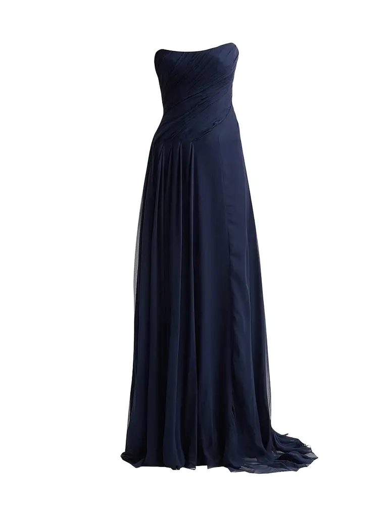 Monique Lhuillier Women's Strapless Silk Draped Gown - Navy | Image 1 Monique Lhuillier Women's Strapless Silk Draped Gown - Navy | Image 1