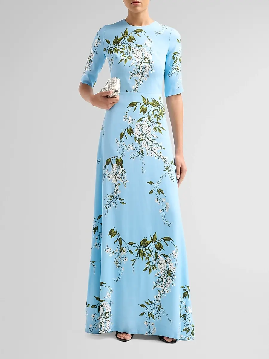 MONIQUE LHUILLIER Women's Floral Crêpe Short-Sleeve Gown | Thumbnail 2 MONIQUE LHUILLIER Women's Floral Crêpe Short-Sleeve Gown | Thumbnail 2