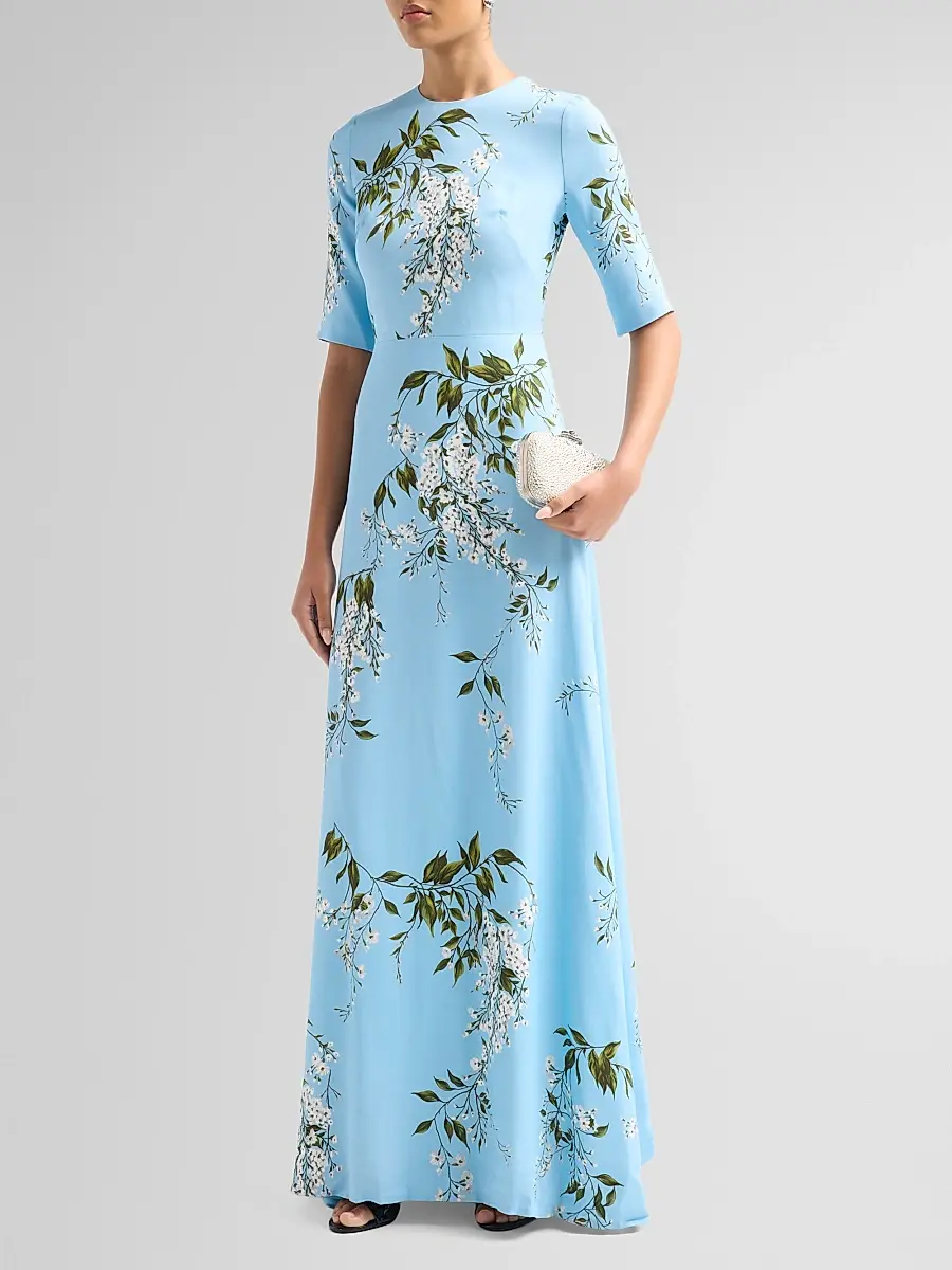 MONIQUE LHUILLIER Women's Floral Crêpe Short-Sleeve Gown | Thumbnail 4 MONIQUE LHUILLIER Women's Floral Crêpe Short-Sleeve Gown | Thumbnail 4