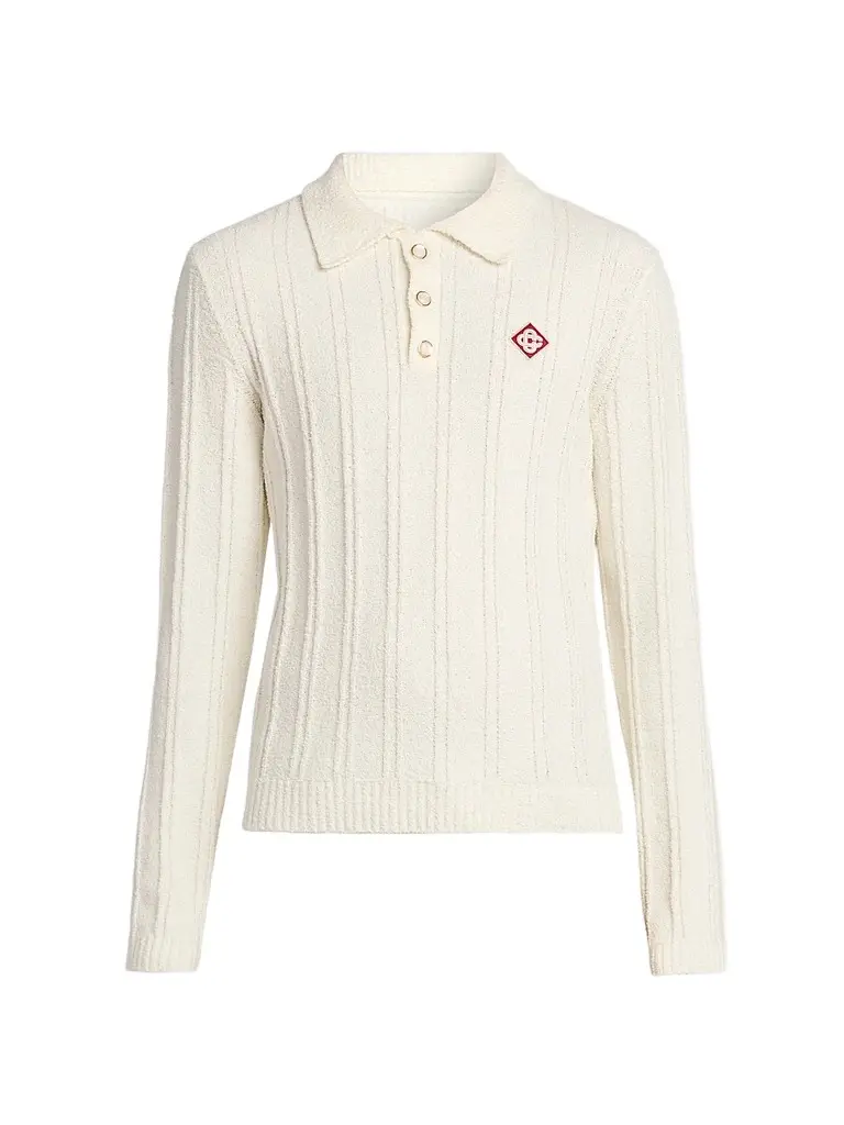 Casablanca Men's Boucle-Knit Long-Sleeve Polo Shirt - White | Image 1 Casablanca Men's Boucle-Knit Long-Sleeve Polo Shirt - White | Image 1