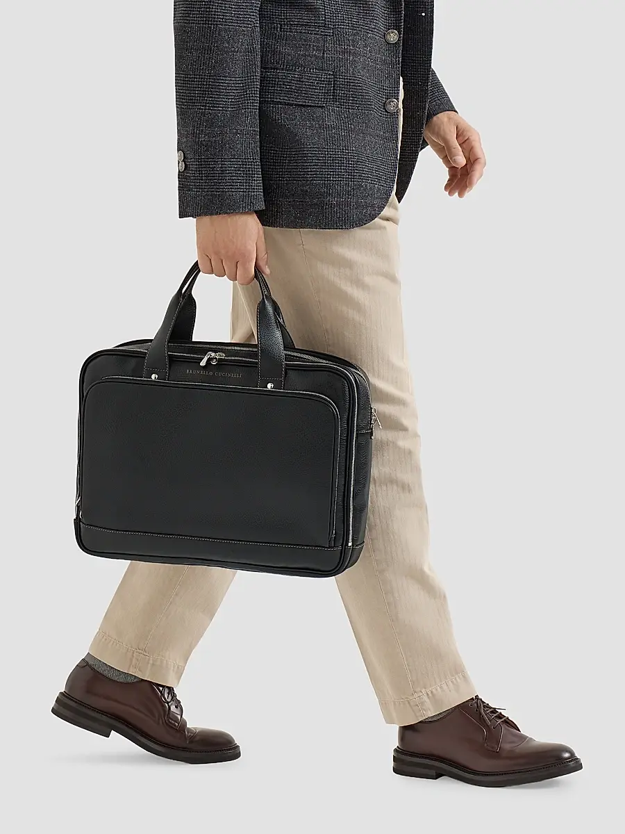 Brunello Cucinelli Men's Grained Calfskin Briefcase with Zipper - Black | Thumbnail 2 Brunello Cucinelli Men's Grained Calfskin Briefcase with Zipper - Black | Thumbnail 2