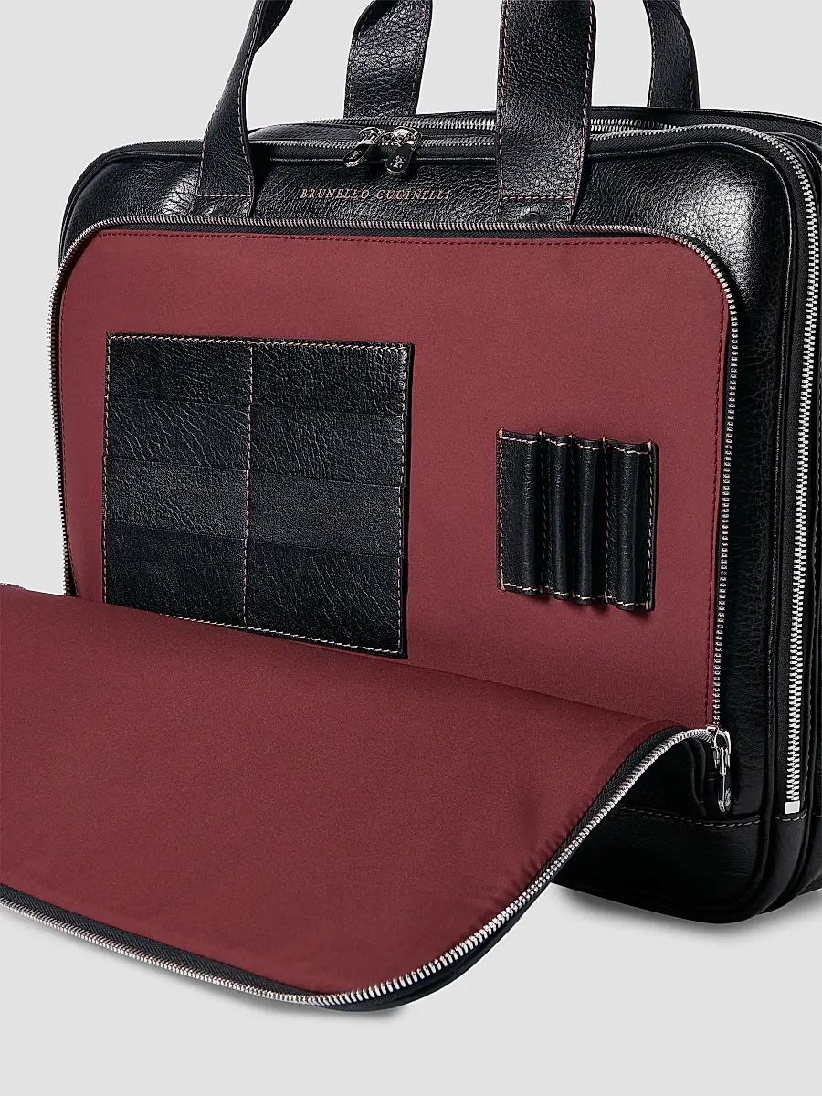Brunello Cucinelli Men's Grained Calfskin Briefcase with Zipper - Black | Thumbnail 4 Brunello Cucinelli Men's Grained Calfskin Briefcase with Zipper - Black | Thumbnail 4