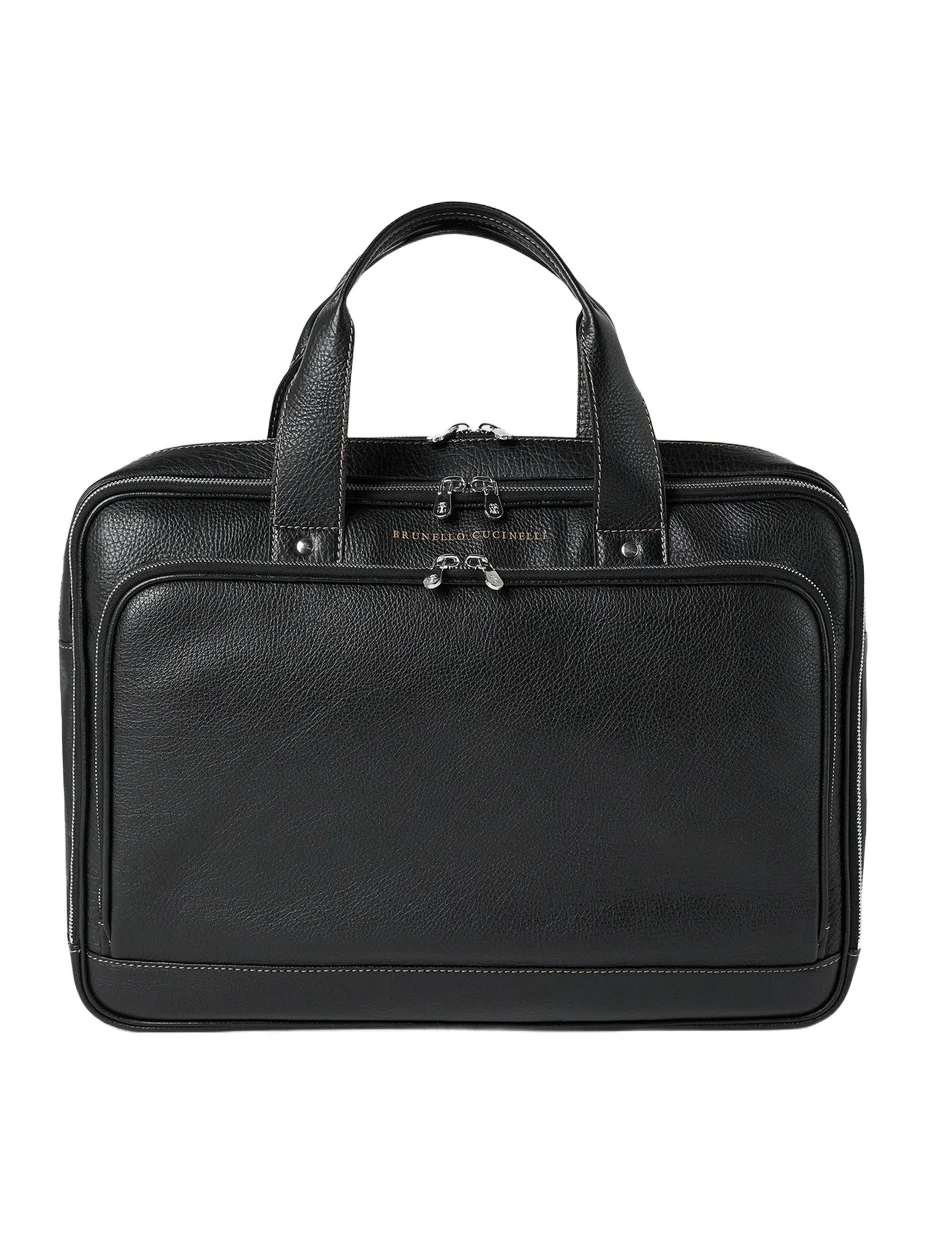 Brunello Cucinelli Men's Grained Calfskin Briefcase with Zipper - Black