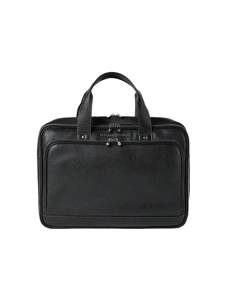 Brunello Cucinelli Men's Grained Calfskin Briefcase with Zipper - Black