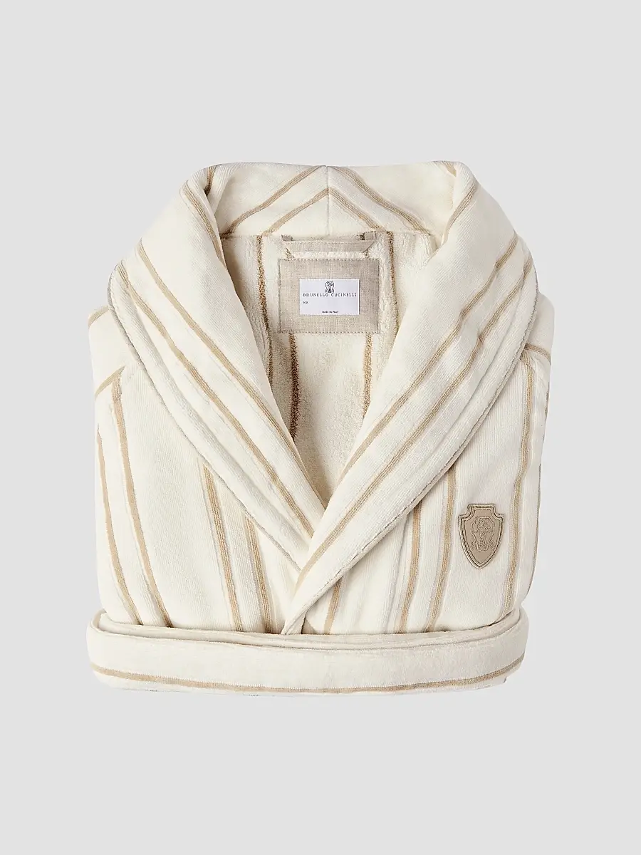 Brunello Cucinelli Women's Striped Cotton Terrycloth Bathrobe with Logo - Ivory | Thumbnail 2 Brunello Cucinelli Women's Striped Cotton Terrycloth Bathrobe with Logo - Ivory | Thumbnail 2