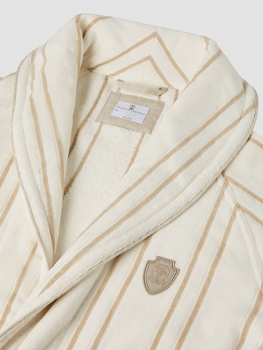Brunello Cucinelli Women's Striped Cotton Terrycloth Bathrobe with Logo - Ivory | Thumbnail 3 Brunello Cucinelli Women's Striped Cotton Terrycloth Bathrobe with Logo - Ivory | Thumbnail 3