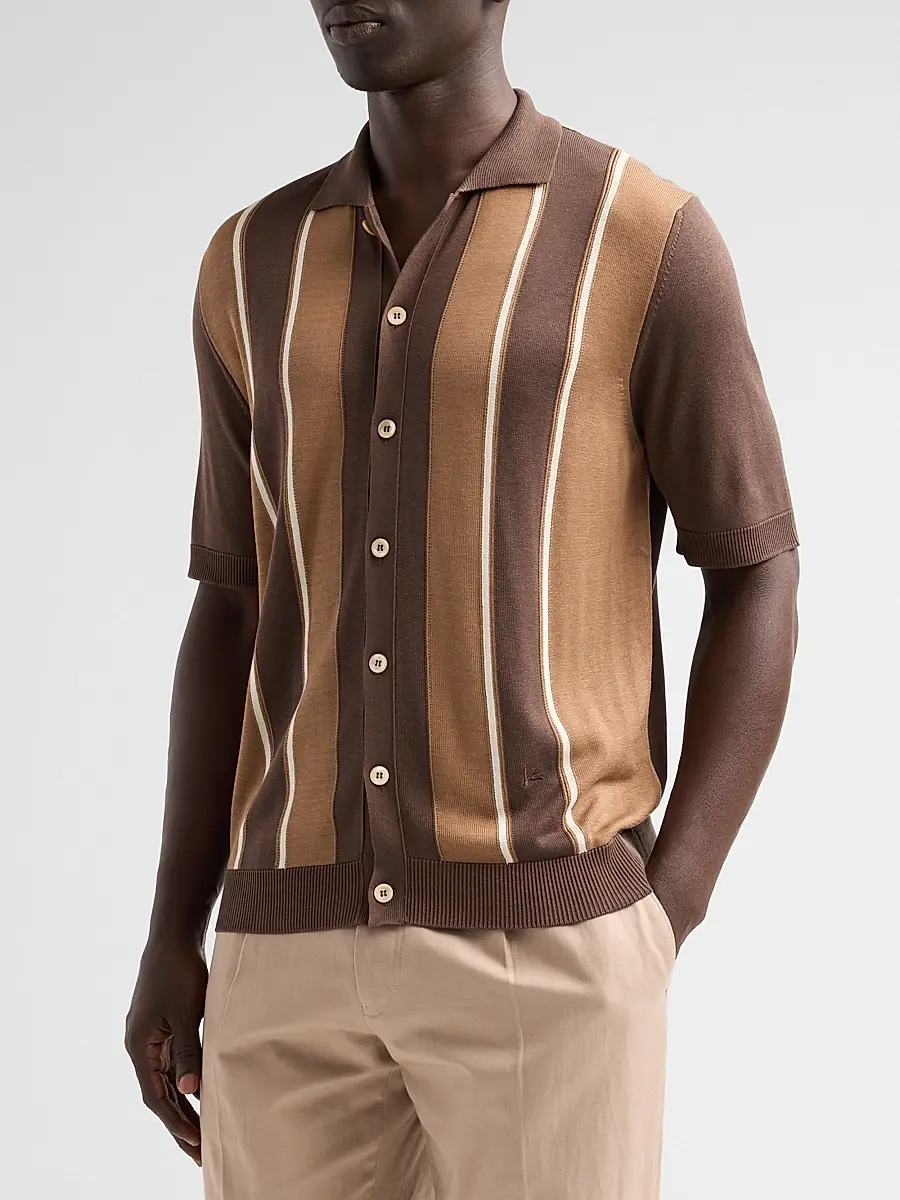 Isaia Men's Retro Striped Full-Button Polo Shirt | Thumbnail 4 Isaia Men's Retro Striped Full-Button Polo Shirt | Thumbnail 4