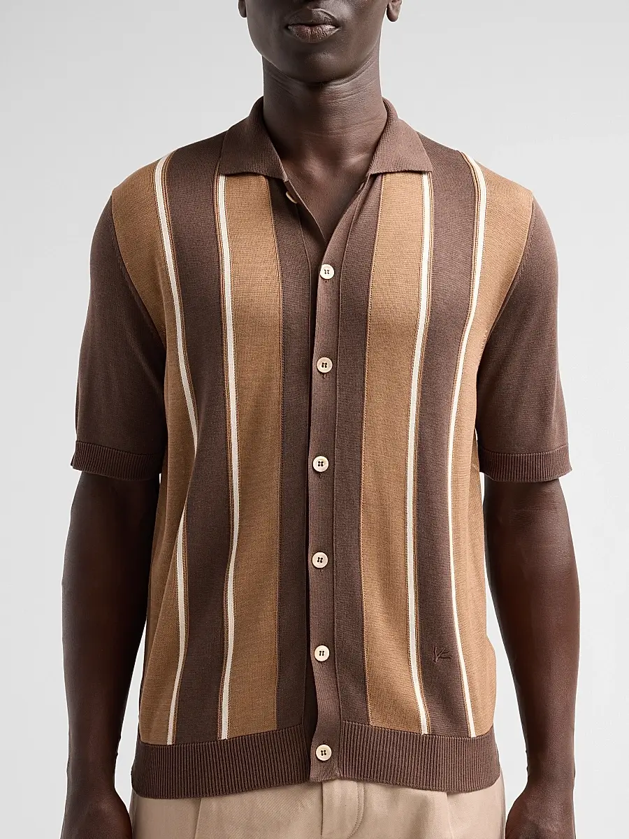 Isaia Men's Retro Striped Full-Button Polo Shirt | Thumbnail 5 Isaia Men's Retro Striped Full-Button Polo Shirt | Thumbnail 5