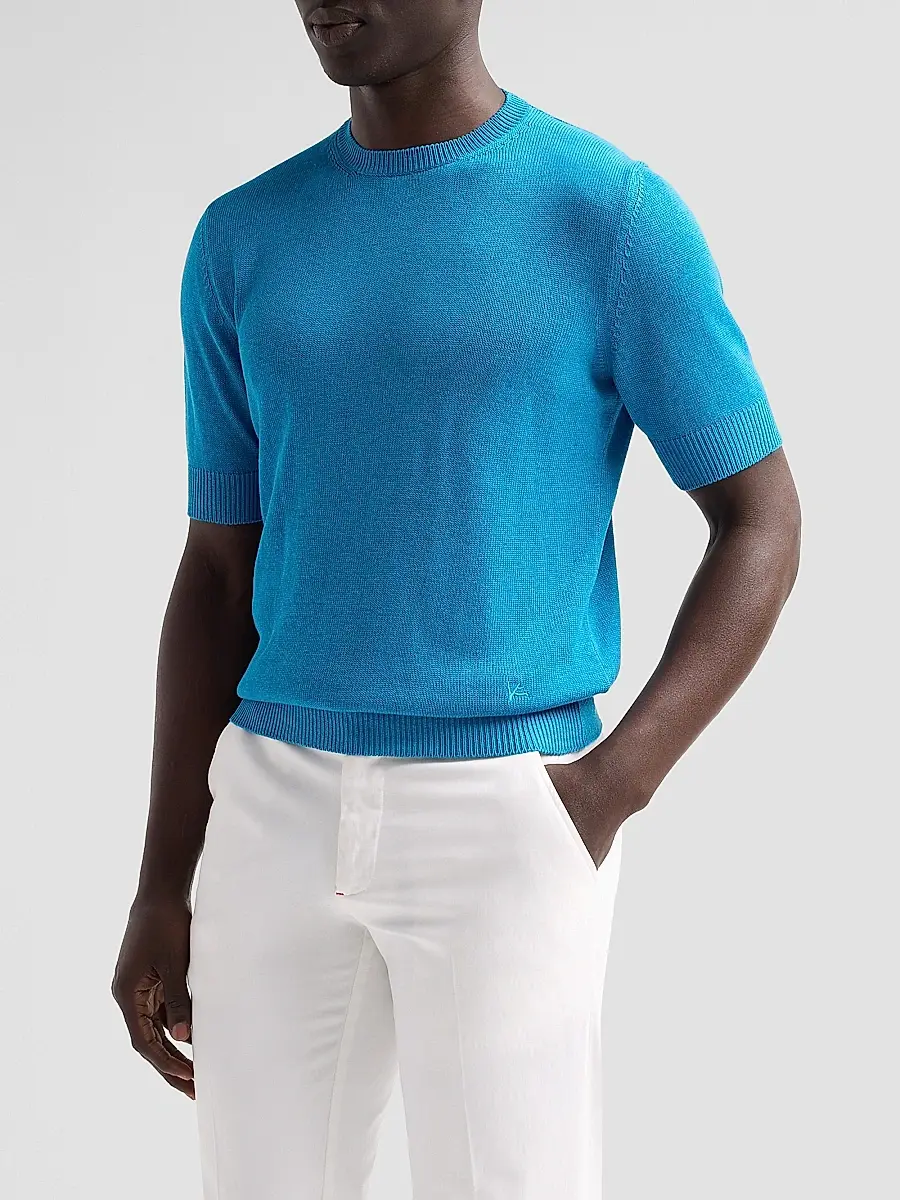 Isaia Men's Silk-Linen Knit Short-Sleeve Crewneck Shirt | Thumbnail 4