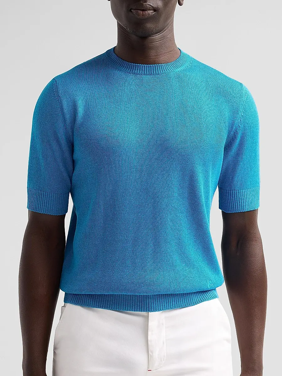 Isaia Men's Silk-Linen Knit Short-Sleeve Crewneck Shirt | Thumbnail 5