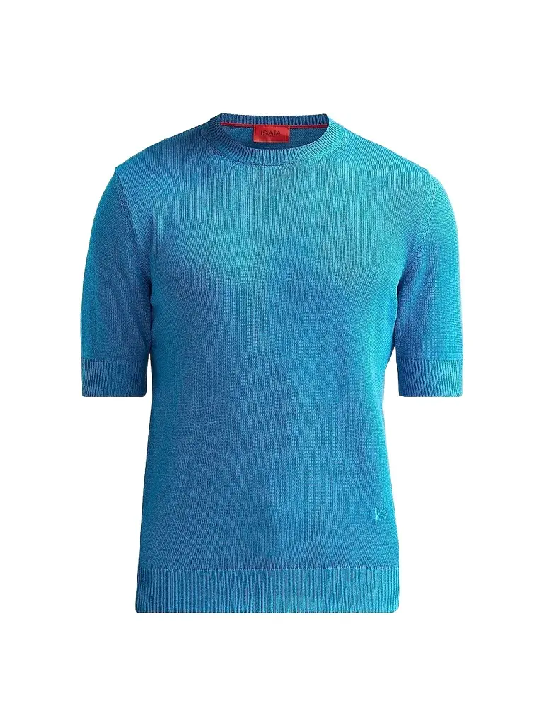 Isaia Men's Silk-Linen Knit Short-Sleeve Crewneck Shirt - Blue | Image 1 Isaia Men's Silk-Linen Knit Short-Sleeve Crewneck Shirt - Blue | Image 1