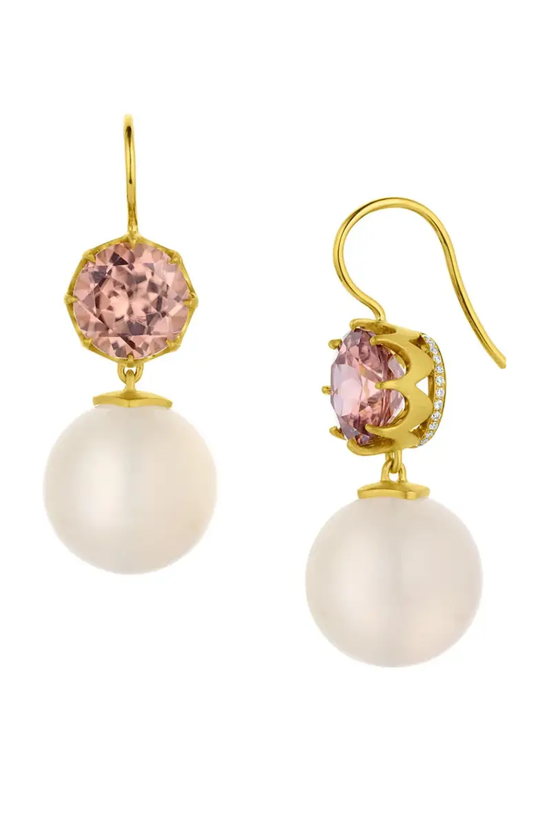 LEIGH MAXWELL Rose Ziron Moonstone Crown Earrings | Image 1 LEIGH MAXWELL Rose Ziron Moonstone Crown Earrings | Image 1