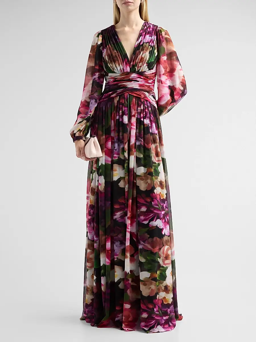 BADGLEY MISCHKA Women's Floral Pleated Georgette A-Line Gown | Thumbnail 2 BADGLEY MISCHKA Women's Floral Pleated Georgette A-Line Gown | Thumbnail 2