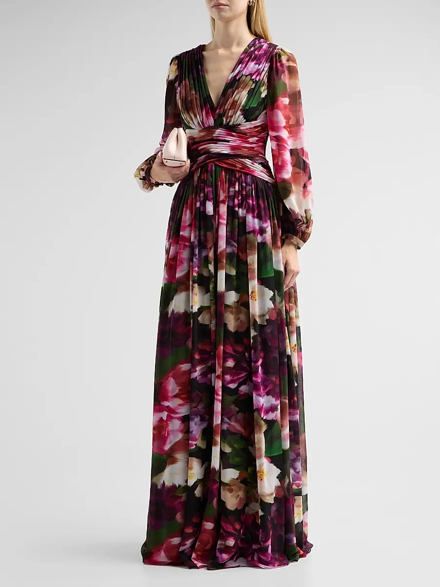 BADGLEY MISCHKA Women's Floral Pleated Georgette A-Line Gown | Thumbnail 4 BADGLEY MISCHKA Women's Floral Pleated Georgette A-Line Gown | Thumbnail 4