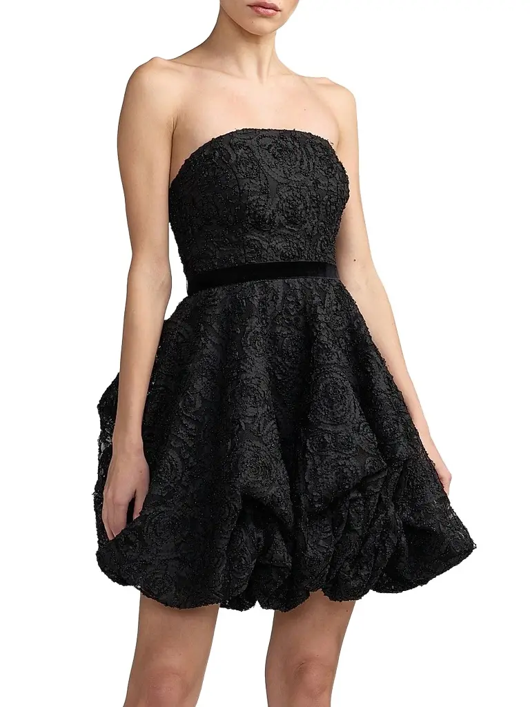 Mac Duggal Women's Floral Lace Strapless Bubble Mini Dress - Black | Image 1 Mac Duggal Women's Floral Lace Strapless Bubble Mini Dress - Black | Image 1