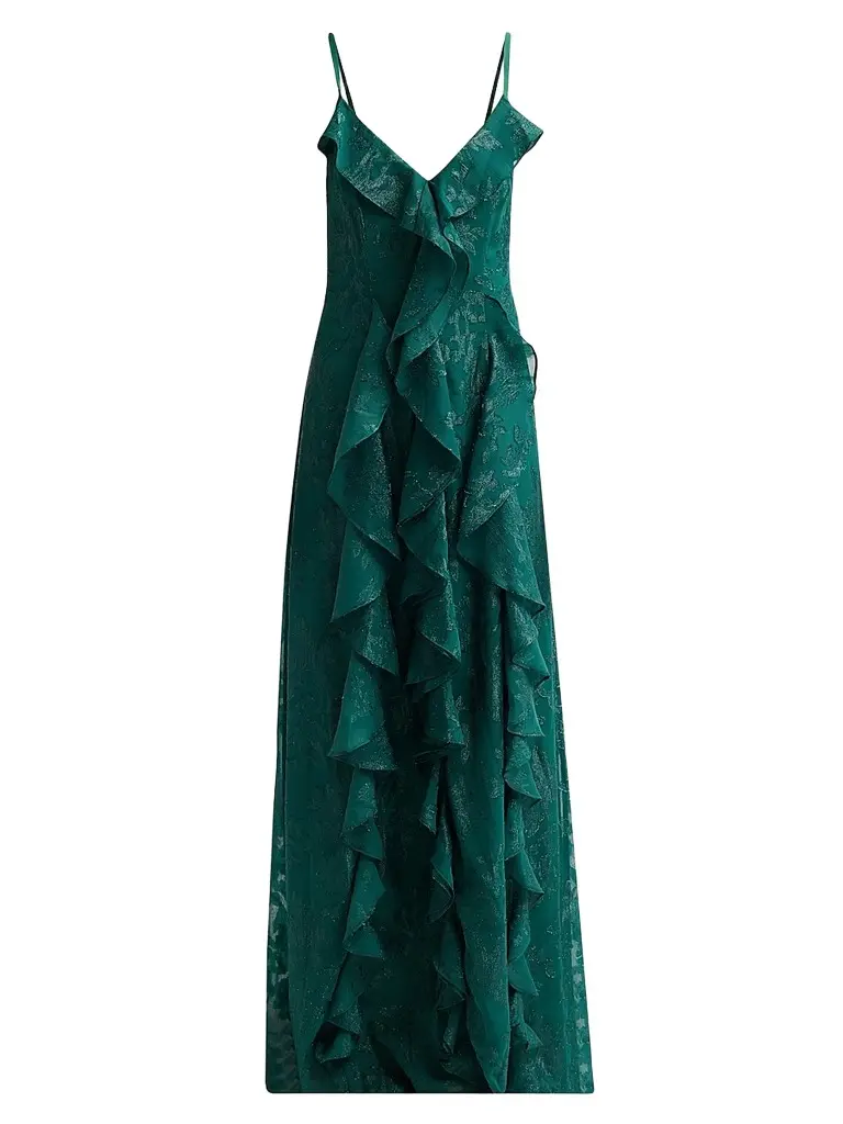 Ramy Brook Women's Penelope Flocked Ruffled Gown - Deep Emerald Jacquard | Image 1 Ramy Brook Women's Penelope Flocked Ruffled Gown - Deep Emerald Jacquard | Image 1