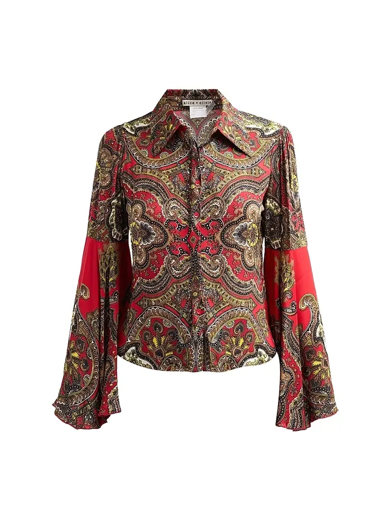 ALICE + OLIVIA Women's Willa Printed Bell-Sleeve Top - Bonvoyage Hibiscus Multi | Image 1 ALICE + OLIVIA Women's Willa Printed Bell-Sleeve Top - Bonvoyage Hibiscus Multi | Image 1