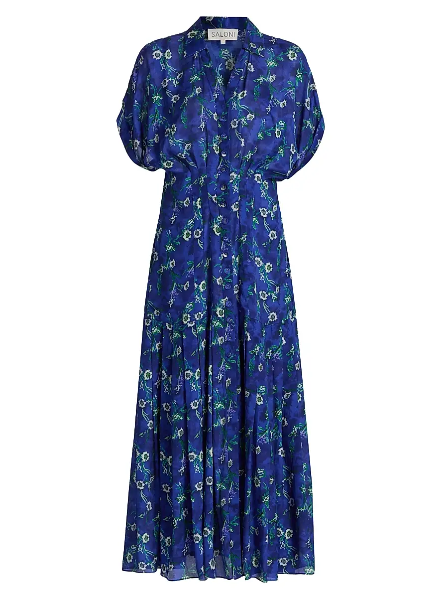 Saloni Women's Riya Floral Satin Midi-Shirtdress - Primrose | Image 1 Saloni Women's Riya Floral Satin Midi-Shirtdress - Primrose | Image 1