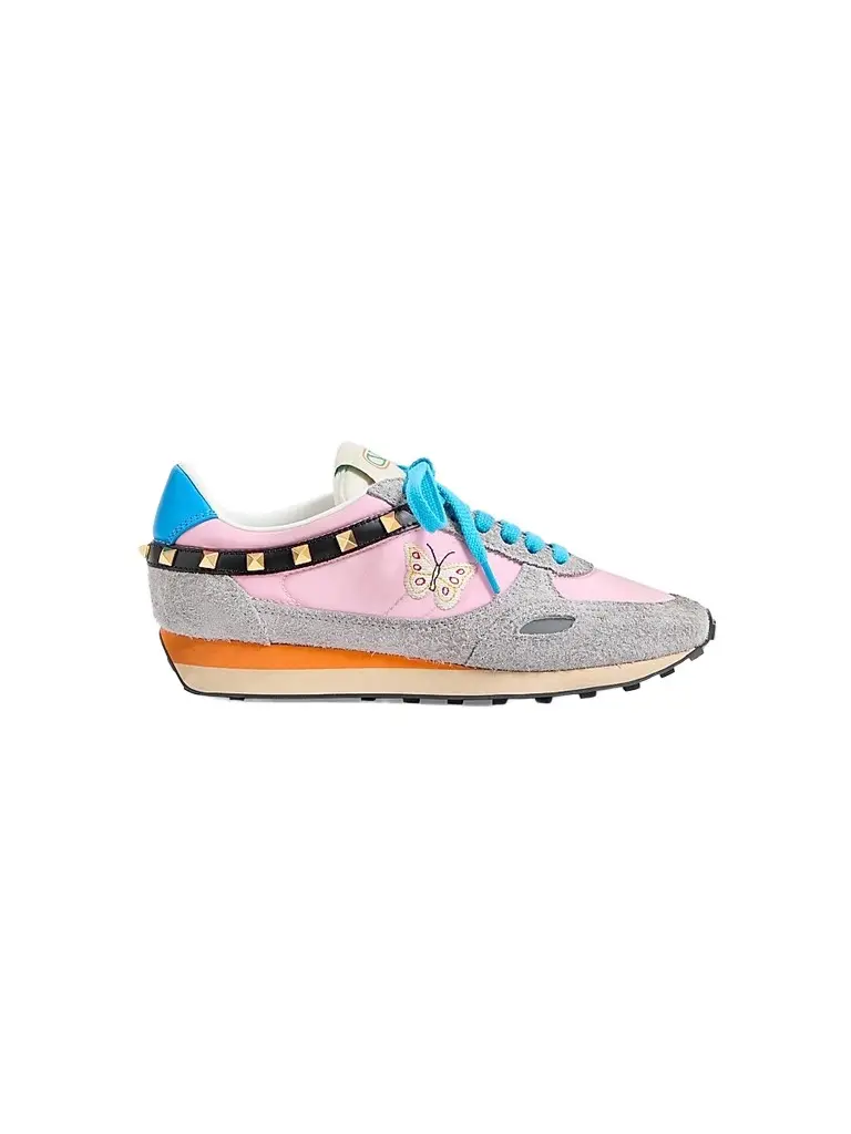 Valentino Garavani Women's Stud Up Sneaker in Split Leather and Nylon with Butterfly Embroidery - Pink Multicolor | Image 1 Valentino Garavani Women's Stud Up Sneaker in Split Leather and Nylon with Butterfly Embroidery - Pink Multicolor | Image 1