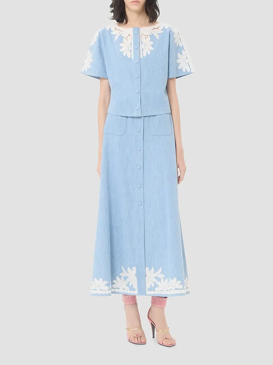 Valentino Women's Embroidered Denim Midi Skirt | Thumbnail 2 Valentino Women's Embroidered Denim Midi Skirt | Thumbnail 2