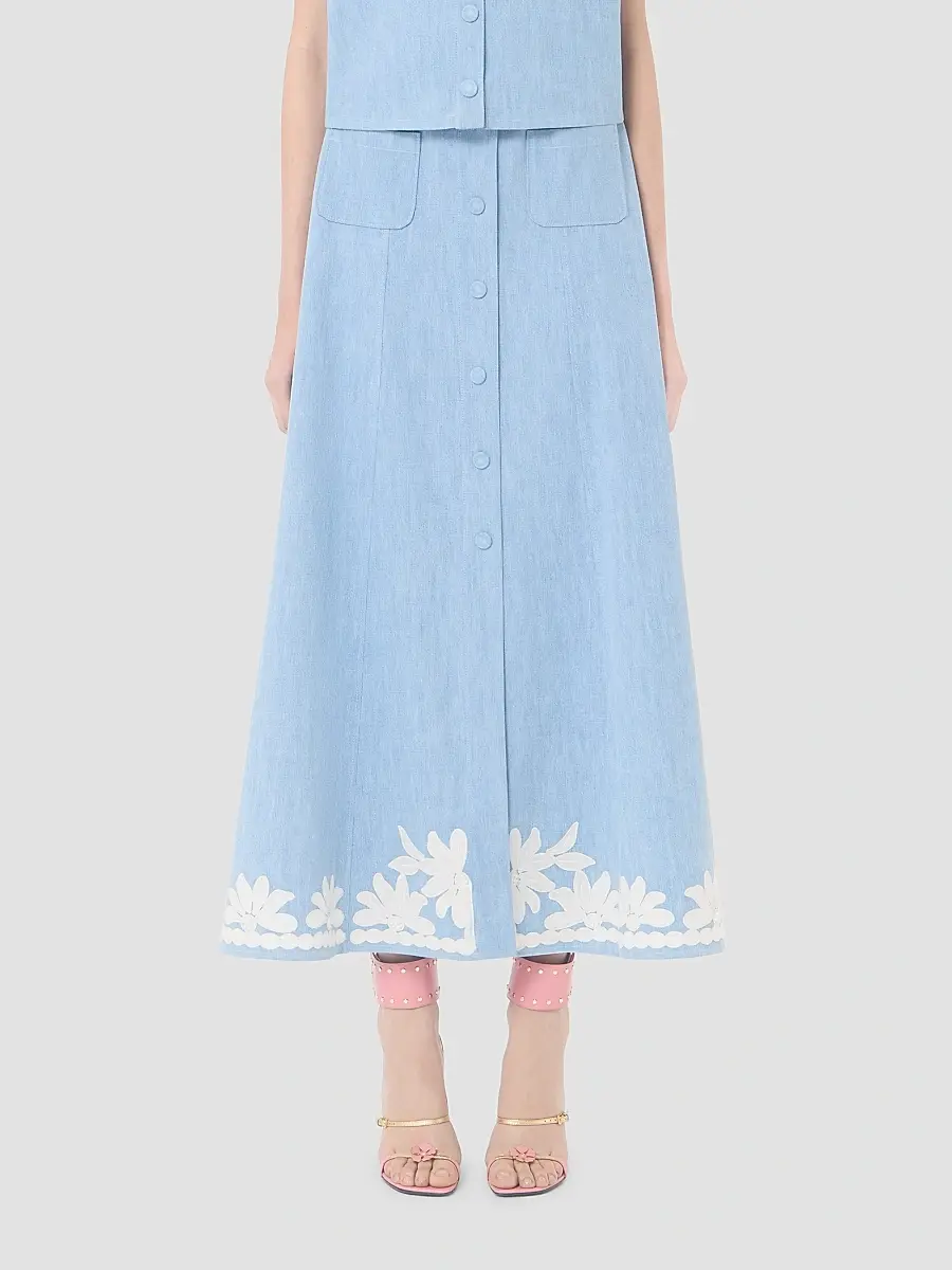 Valentino Women's Embroidered Denim Midi Skirt | Thumbnail 3 Valentino Women's Embroidered Denim Midi Skirt | Thumbnail 3