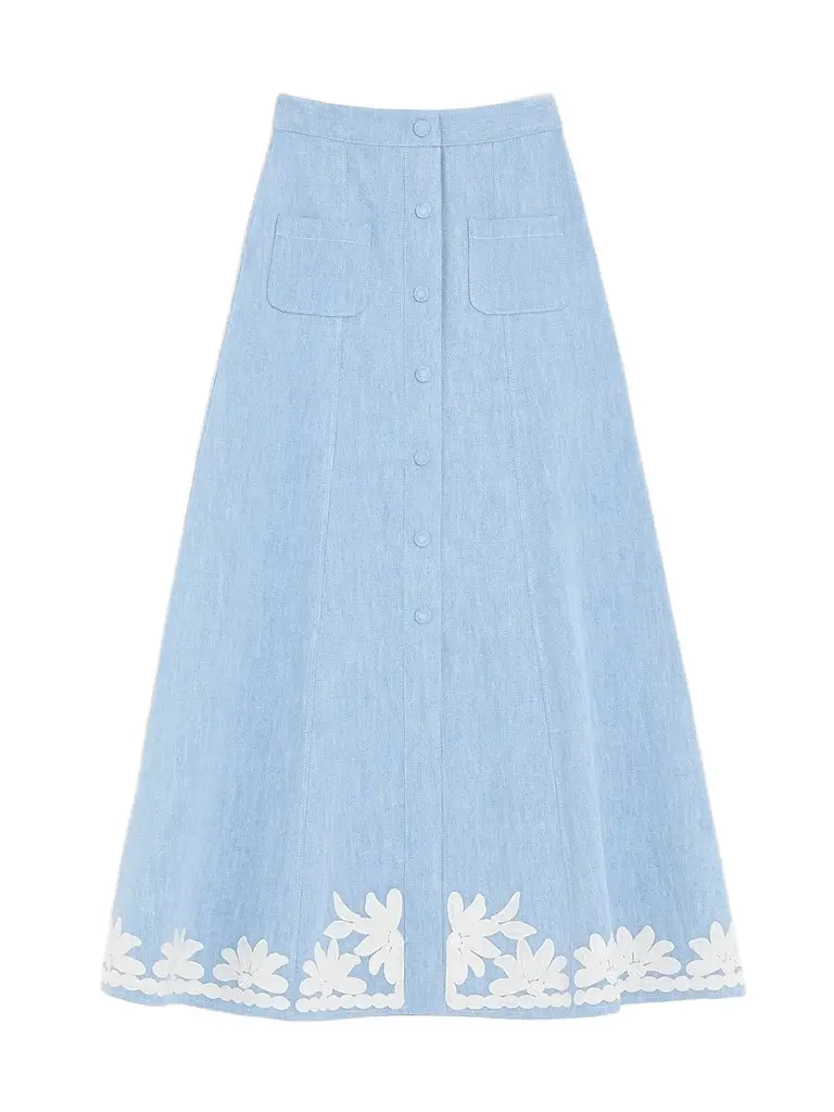 Valentino Garavani Women's Embroidered Denim Midi Skirt | Image 1 Valentino Garavani Women's Embroidered Denim Midi Skirt | Image 1