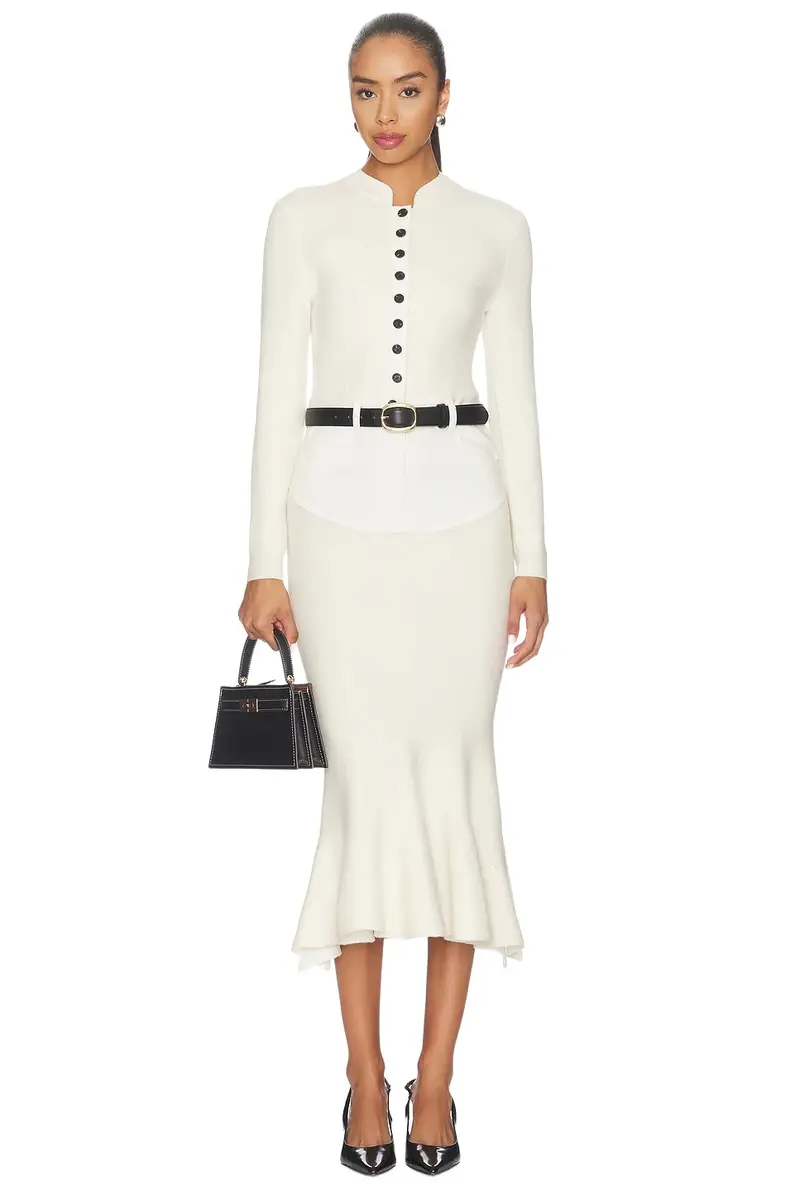 Cream Knit Denim Insert Midi Dress