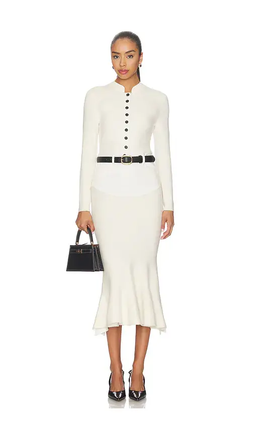 Self-Portrait Cream Knit Denim Insert Midi Dress | Image 1 Self-Portrait Cream Knit Denim Insert Midi Dress | Image 1