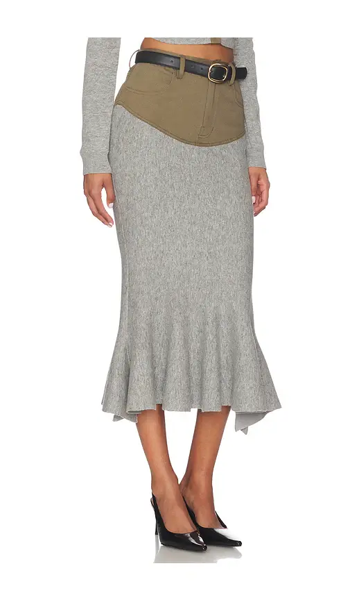 Self-Portrait Grey Knit Khaki Denim Insert Midi Skirt | Thumbnail 2