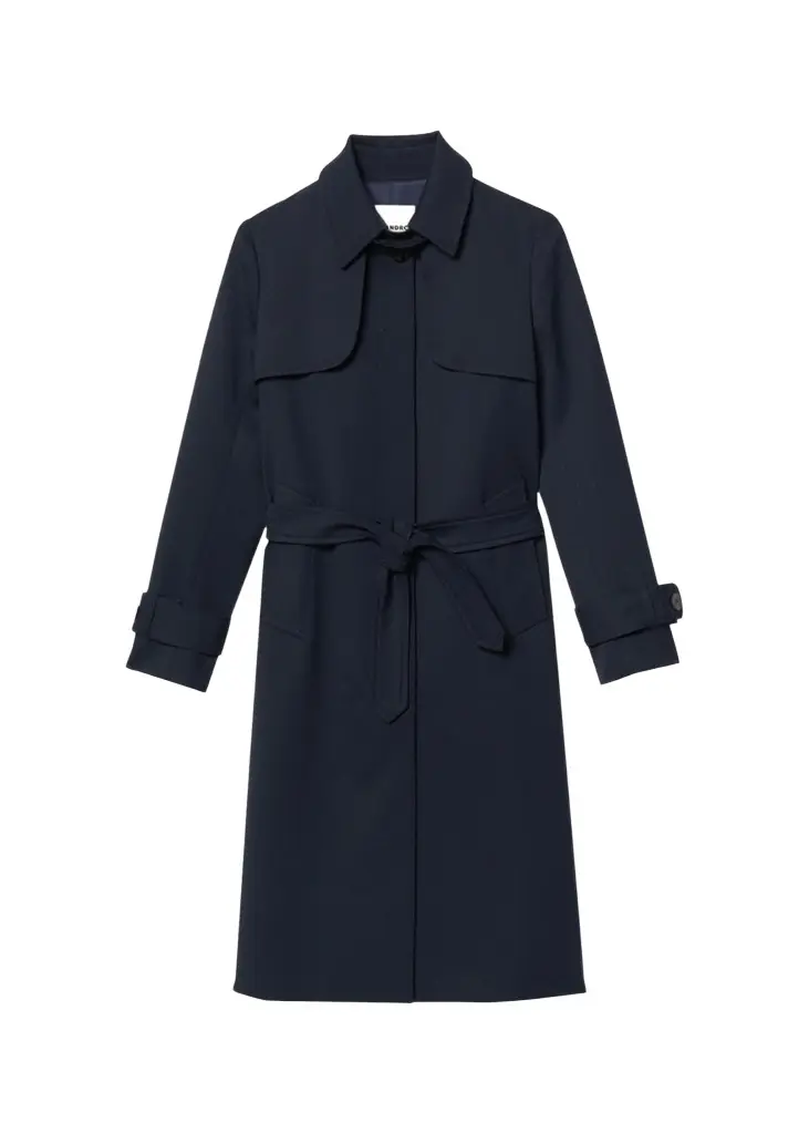 Sandro Navy Pleated-Back Belted Trench Coat | Image 1 Sandro Navy Pleated-Back Belted Trench Coat | Image 1