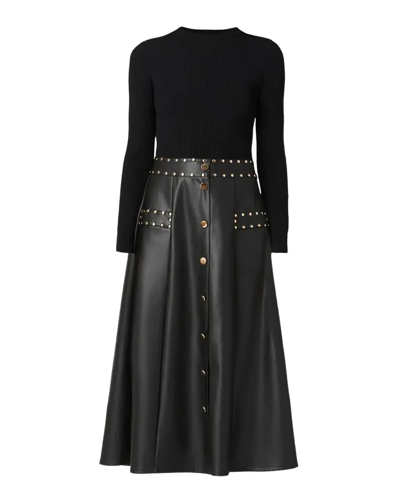 Shoshanna Cleo Combo Rib-Knit & Vegan Leather Midi Dress | Image 1 Shoshanna Cleo Combo Rib-Knit & Vegan Leather Midi Dress | Image 1