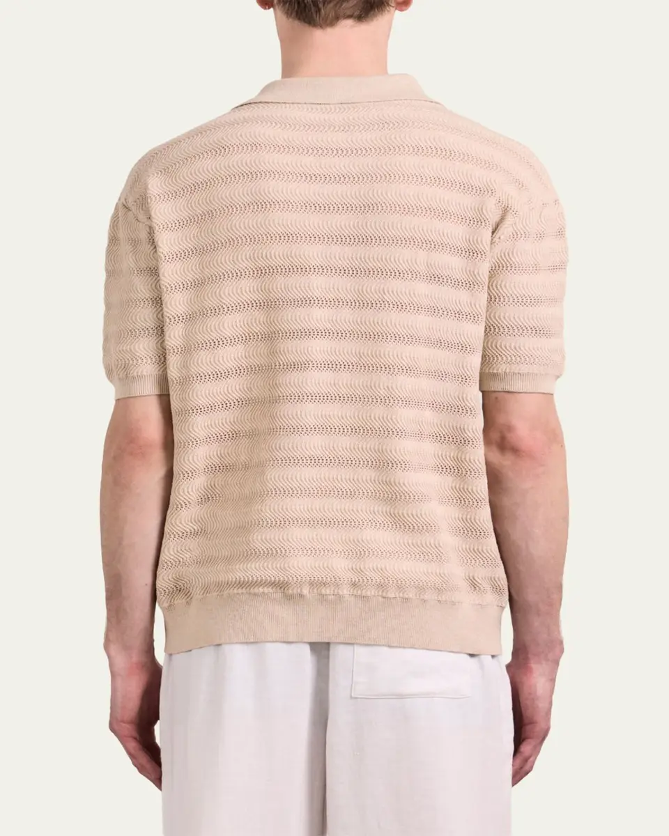 Frescobol Carioca Men's Wavy Stripe Cotton Jacquard Johnny Collar Polo Sweater | Thumbnail 3