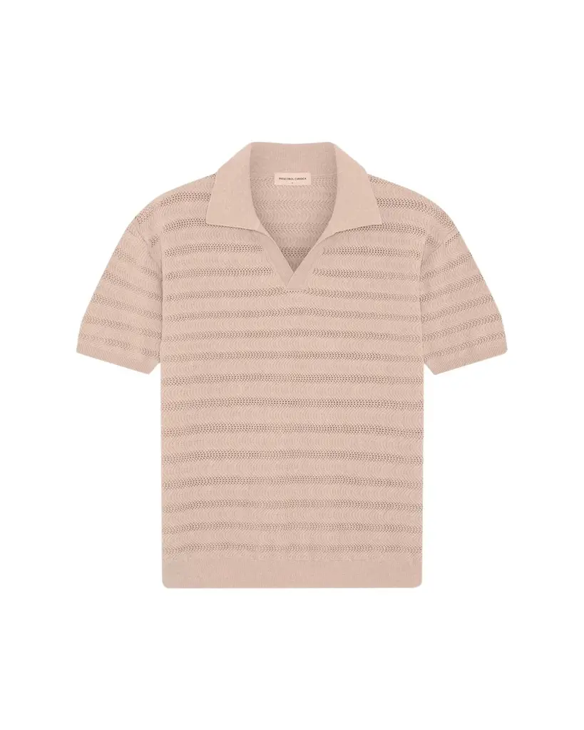 Frescobol Carioca Men's Wavy Stripe Cotton Jacquard Johnny Collar Polo Sweater | Image 1 Frescobol Carioca Men's Wavy Stripe Cotton Jacquard Johnny Collar Polo Sweater | Image 1