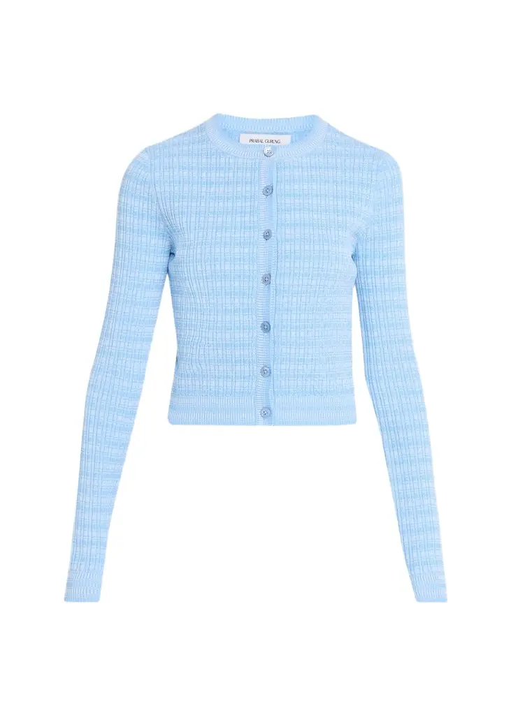 Prabal Gurung Striped Rib Knit Fitted Crewneck Cardigan | Image 1 Prabal Gurung Striped Rib Knit Fitted Crewneck Cardigan | Image 1
