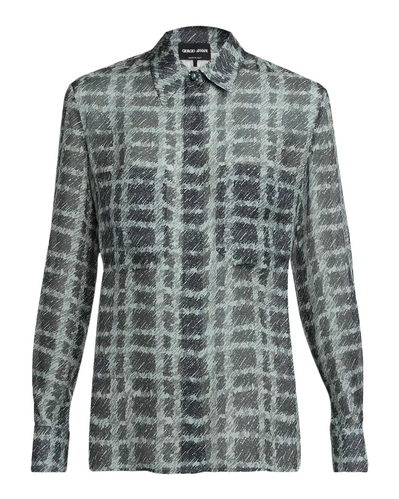 Giorgio Armani Sheer Silk Plaid Button-Front Shirt | Image 1 Giorgio Armani Sheer Silk Plaid Button-Front Shirt | Image 1