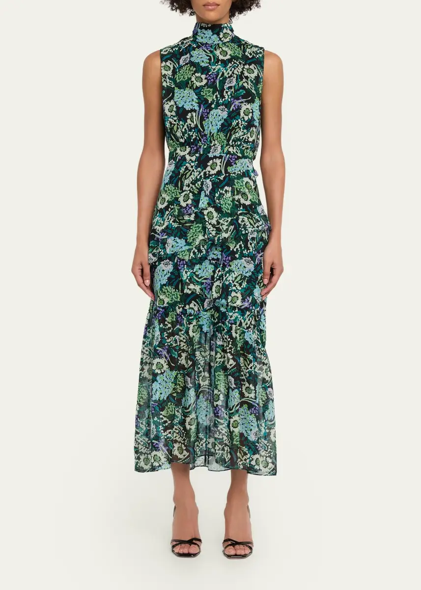 Saloni Fleur Silk Sleeveless Tiered-Ruffle Midi Dress | Thumbnail 2 Saloni Fleur Silk Sleeveless Tiered-Ruffle Midi Dress | Thumbnail 2