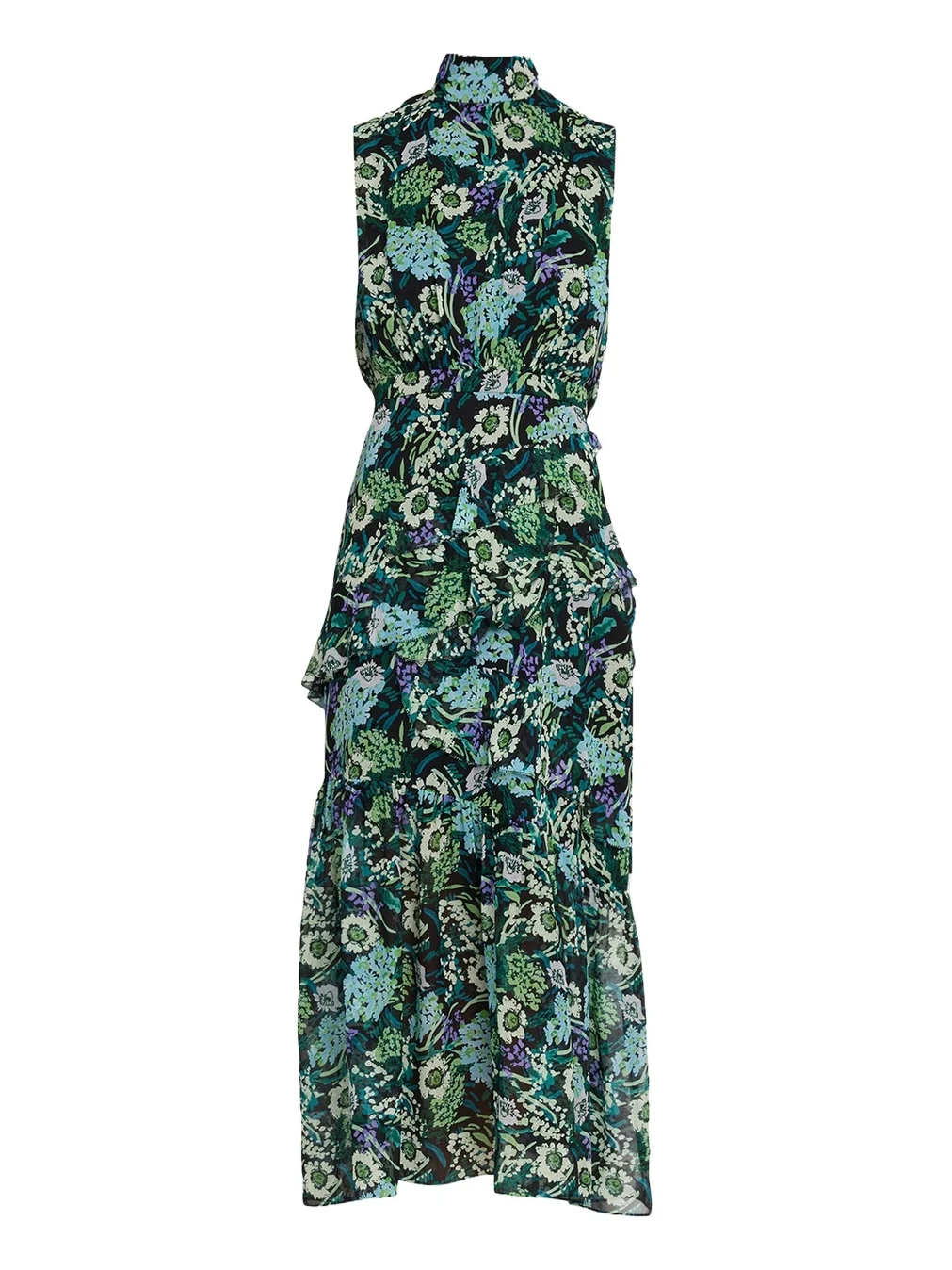 Fleur Silk Sleeveless Tiered-Ruffle Midi Dress Fleur Silk Sleeveless Tiered-Ruffle Midi Dress