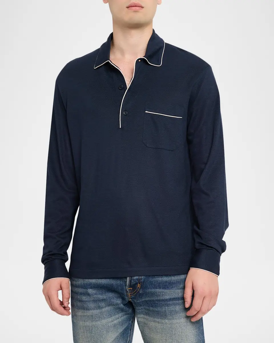 Tom Ford Men's Cotton Silk Piquet Polo Shirt | Thumbnail 4 Tom Ford Men's Cotton Silk Piquet Polo Shirt | Thumbnail 4
