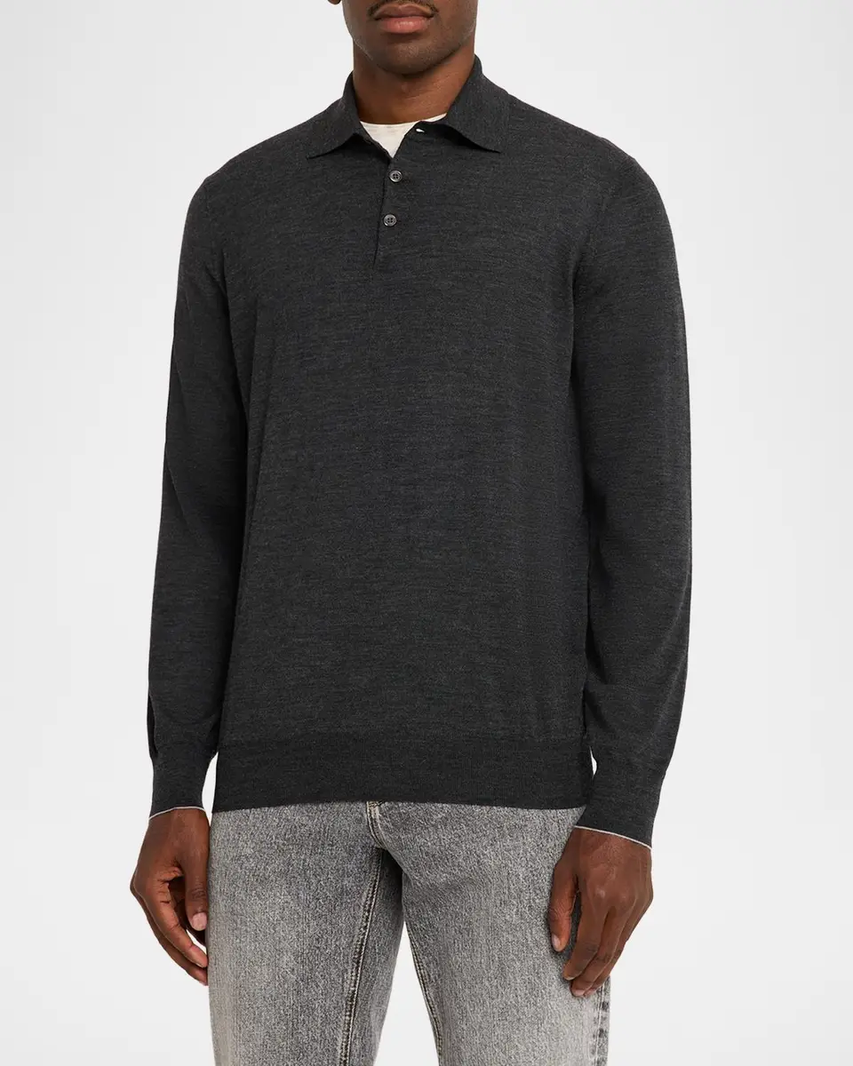 Brunello Cucinelli Men's Wool and Cashmere Polo Sweater | Thumbnail 4