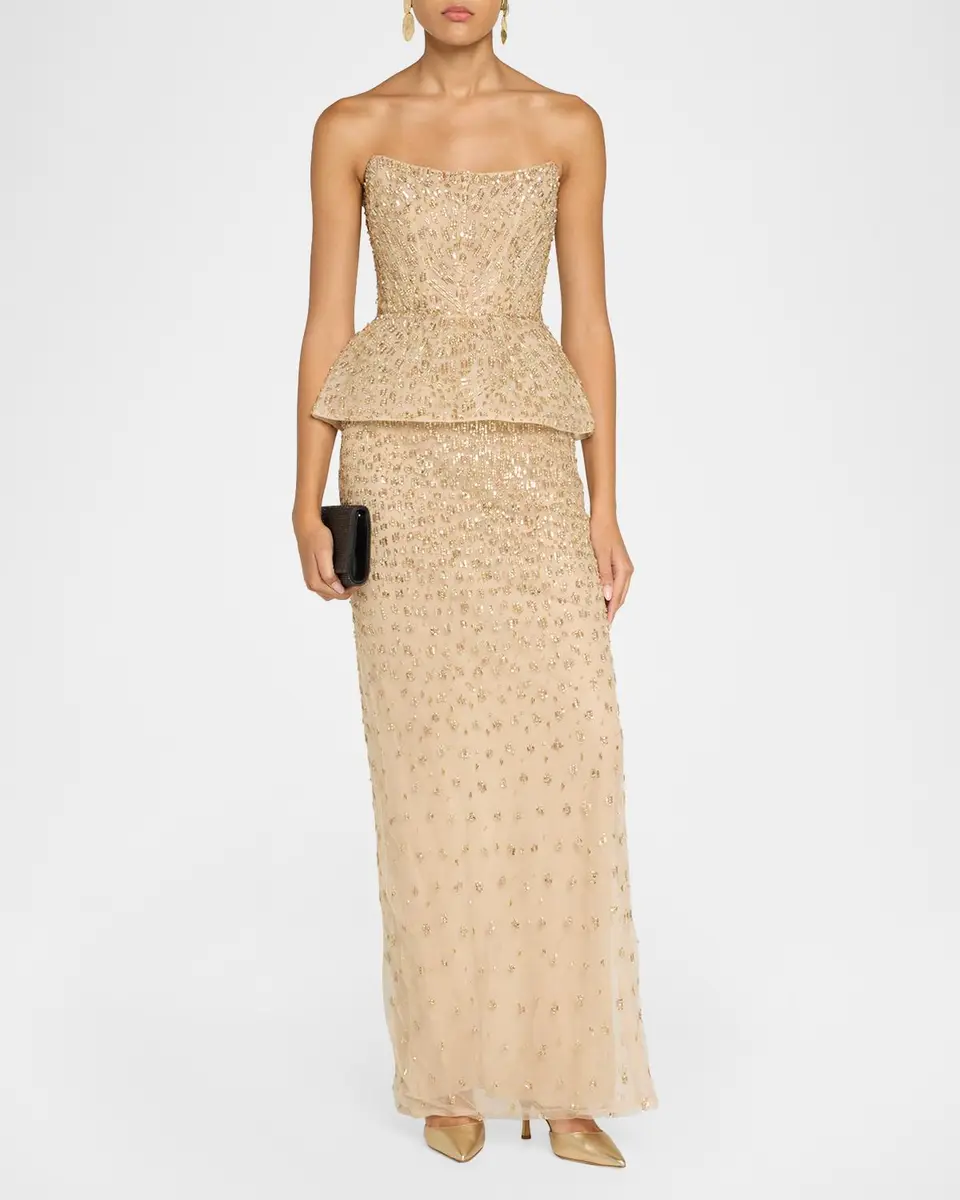MONIQUE LHUILLIER Strapless Embellished Tulle Peplum Column Gown | Thumbnail 2 MONIQUE LHUILLIER Strapless Embellished Tulle Peplum Column Gown | Thumbnail 2
