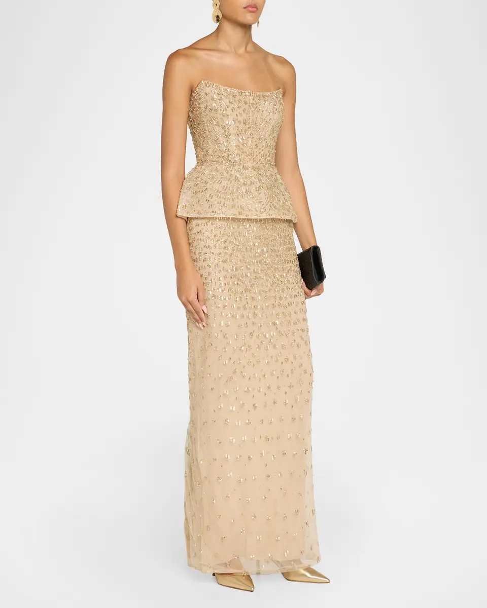 MONIQUE LHUILLIER Strapless Embellished Tulle Peplum Column Gown | Thumbnail 4 MONIQUE LHUILLIER Strapless Embellished Tulle Peplum Column Gown | Thumbnail 4