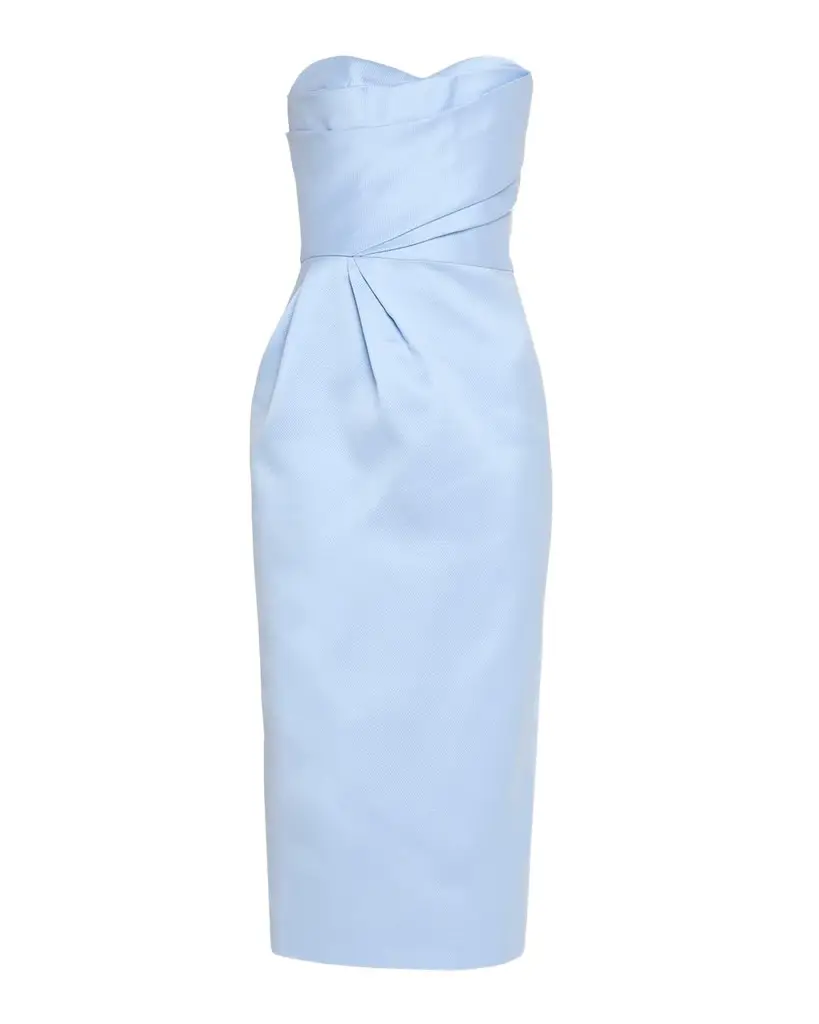 Monique Lhuillier Strapless Draped Mikado Piqué Midi Cocktail Dress | Image 1 Monique Lhuillier Strapless Draped Mikado Piqué Midi Cocktail Dress | Image 1