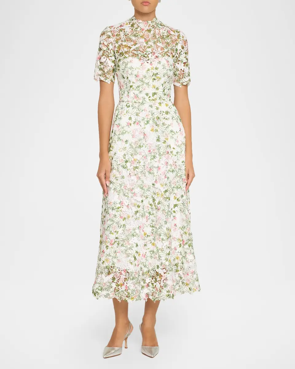 MONIQUE LHUILLIER Ivy Bloom Print Lace Short-Sleeve Midi Dress | Thumbnail 2 MONIQUE LHUILLIER Ivy Bloom Print Lace Short-Sleeve Midi Dress | Thumbnail 2