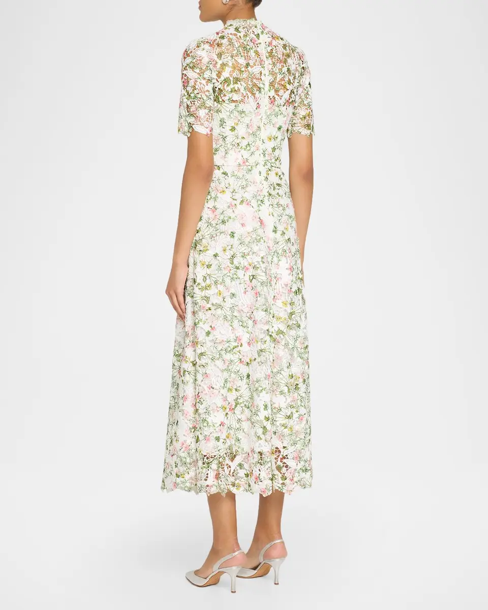 MONIQUE LHUILLIER Ivy Bloom Print Lace Short-Sleeve Midi Dress | Thumbnail 3 MONIQUE LHUILLIER Ivy Bloom Print Lace Short-Sleeve Midi Dress | Thumbnail 3