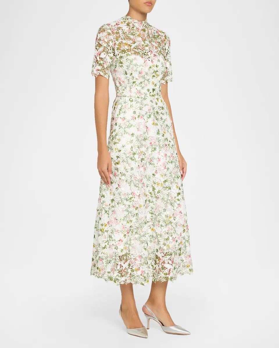 MONIQUE LHUILLIER Ivy Bloom Print Lace Short-Sleeve Midi Dress | Thumbnail 4 MONIQUE LHUILLIER Ivy Bloom Print Lace Short-Sleeve Midi Dress | Thumbnail 4